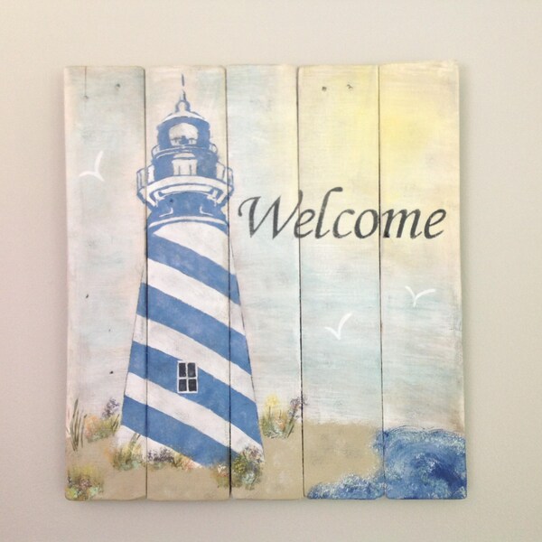 Lighthouse Welcome sign reclaimed wood pallet rustic lake house decor beach house decor whitewashed white distressed light blue nautical