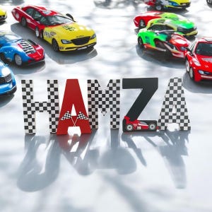 May include: Black and white chequered letters spelling out the name "HAMZA" with a red letter "A" and a small red racing car on the letter "Z". The letters are on a white surface with toy racing cars in the background.