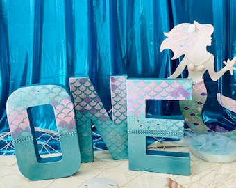 Mermaid Decorated Letters ONE Letters Birthdays Table Centerpiece Photo Prop, Under The sea Party Theme, 1st Birthday Decoration