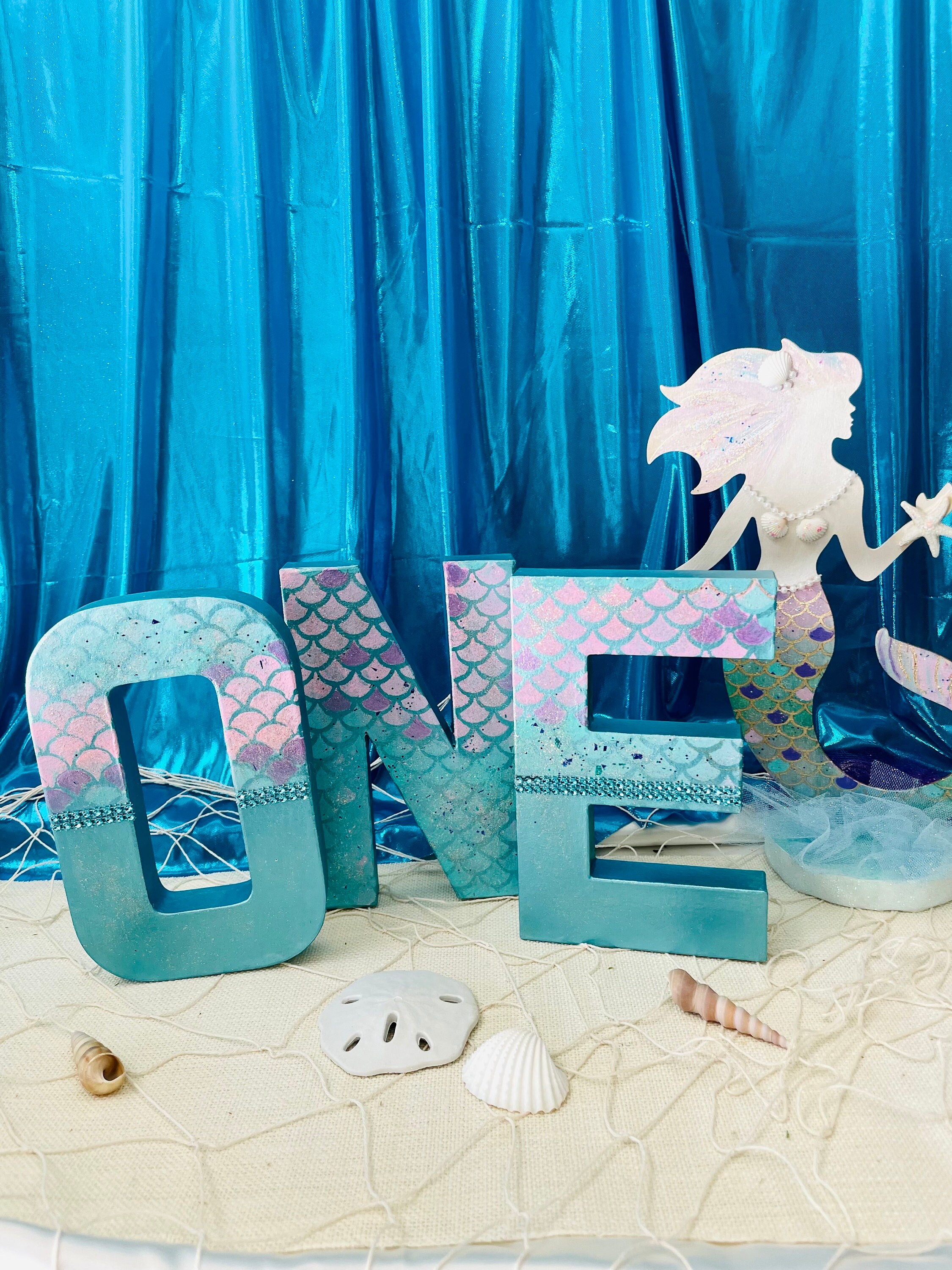 Mermaid Decorated Letters ONE Letters Birthdays Table Centerpiece Photo Prop Under The sea Party Theme 1st Birthday