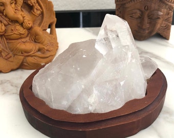 Quartz Cluster in wood Stand Display  Healing Crystal Home Office Decor