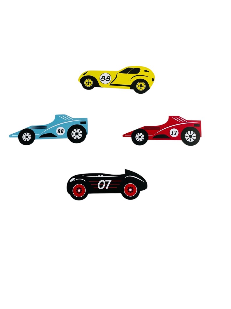 May include: Four toy racing cars in different colours and designs. A yellow car with the number 88, a blue car with the number 88, a red car with the number 17, and a black car with the number 07.