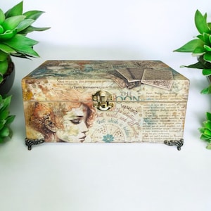 Decoupage trälåda Tarotkortförvaring Minnesask, Smyckeskrin