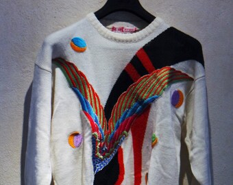 Rare Vintage 80s Kansai Yamamoto White Embroidery Shoe Knit Sweater Made in Japan Size M UK 12 EU 38