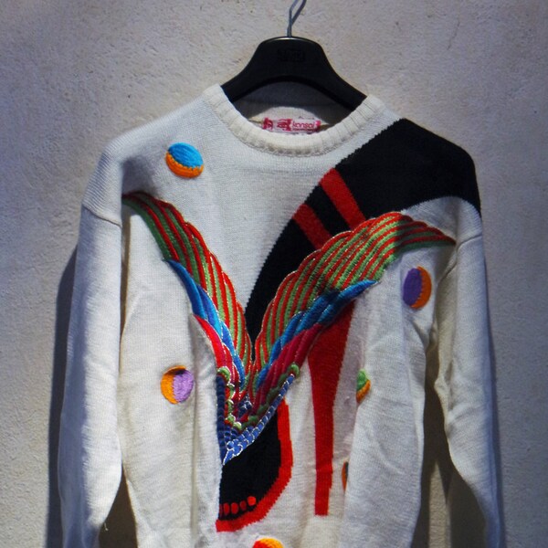 Rare Vintage 80s Kansai Yamamoto White Embroidery Shoe Knit Sweater Made in Japan Size M UK 12 EU 38