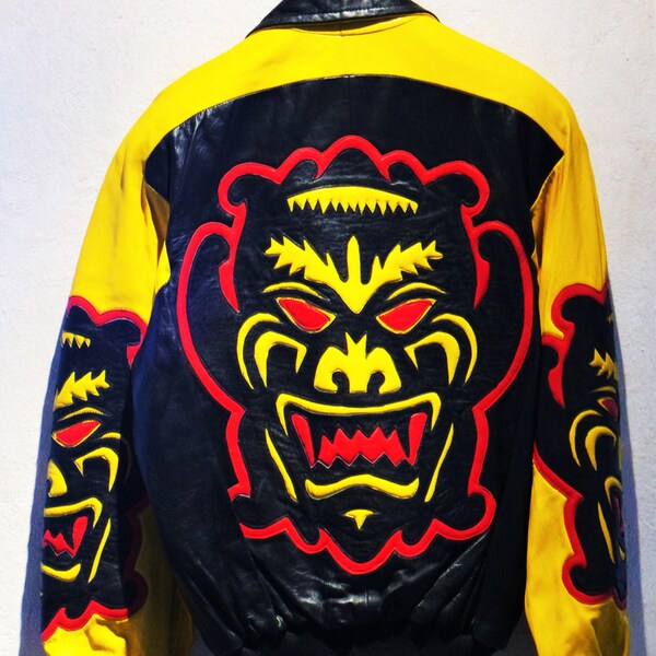 Vintage 80s Michael Hoban North Beach Multicolored Tribal Leather Bomber Jacket  Made in Hong Kong Size M UK 12 EU 38
