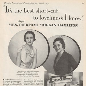 Mrs. Pierpont Morgan Hamiliton Black White Ad Ponds Tissues 1932 Cosmopolitan Magazine 8x11 instant digital download