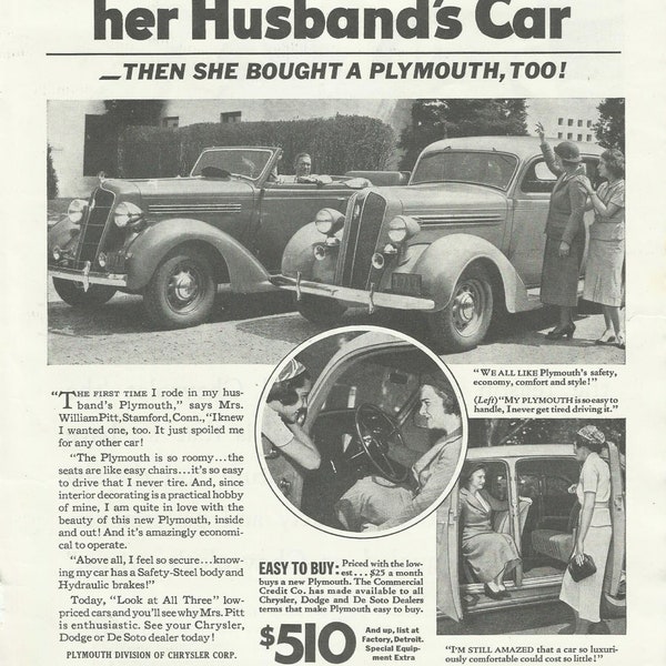 Classic Plymouth Car Digital Print Ad August 1936 Better Homes and Garden Magazine Black and White Junk Journal Wall Decor Digital Download