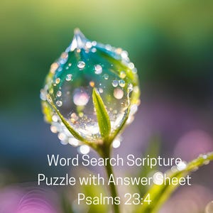 Op de afbeelding: Een close-up van een groene plant met waterdruppels erop. De plant is scherp, de achtergrond is wazig. De tekst "Word Search Scripture Puzzle with Answer Sheet Psalms 23:4" is zichtbaar onderaan de afbeelding.