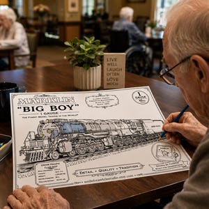 May include: A white print featuring a detailed black and white line drawing of a Marklin Big Boy 1 Gauge steam locomotive. The print includes technical specifications, the text "The Finest Model Trains in the World," and "Detail, Quality, Tradition."