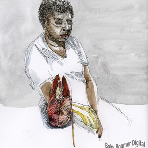 Pentekening met inkt en aquarellen van Ray Horner Jr. inktober2023 Instant digitale download getiteld &quot;The Red Bag&quot; muurdecoratie om in te lijsten