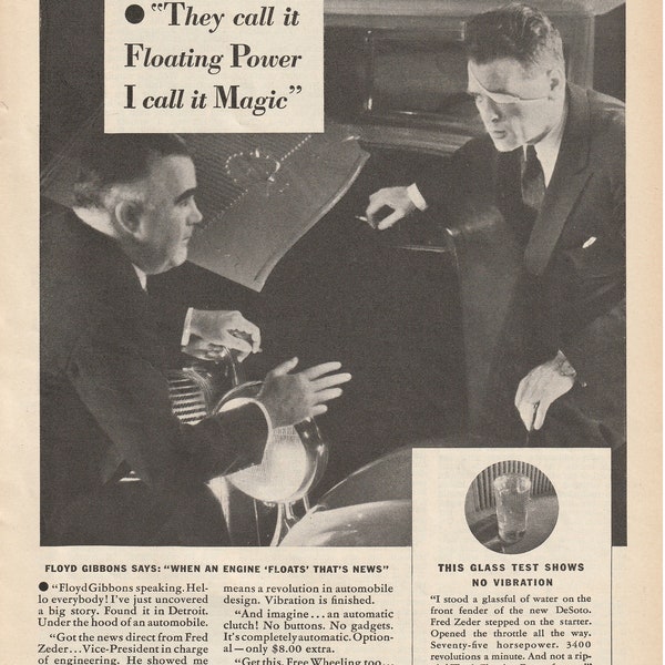 Desoto Six Black and White Car Ad Floyd Gibbons Glass Test 1932 Ad Cosmopolitan Magazine Ad