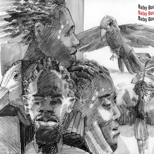 May include: Black and white ink drawing of three people with a bird perched on the shoulder of one of the people. The drawing is done in a realistic style and the people have expressive faces. The text "Baby Boomer Digital" is repeated three times in red at the top of the image.