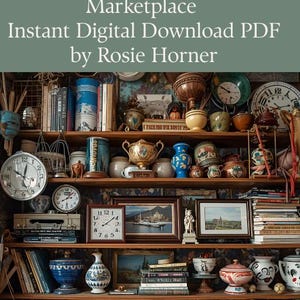 May include: A wooden shelf filled with various collectibles, including clocks, vases, books, and framed pictures. The text "Turn Clutter Into Cash" is visible at the top. The shelf is well-organized and displays a variety of vintage items.