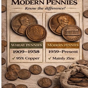 May include: An educational poster comparing Wheat pennies (1909-1958) and Modern pennies (1959-Present). The poster features images of pennies, text, and a burlap sack filled with coins. The text reads "WHEAT vs MODERN PENNIES" and "Know the difference!"