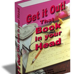 May include: A pink book with the title "Get it Out! That Book in your Head" on the cover. The cover features a close-up of a pencil, a piece of paper with handwritten text, and a pair of glasses.