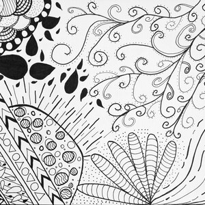 May include: Black and white abstract doodle art with a variety of patterns and shapes, including swirls, dots, lines, and geometric designs.