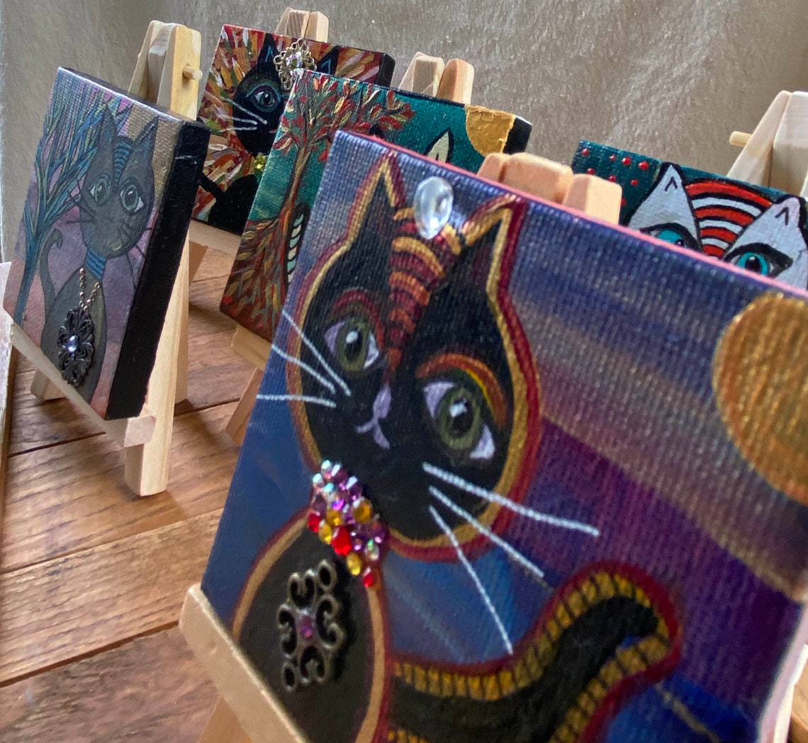 Mini Canvas Cat Painting with Easel Cat lover Desk art dorm Etsy