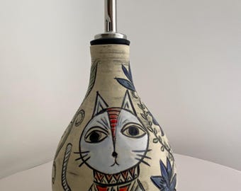 Hand Carved Ceramic Cat Olive Oil Dispenser, Stoneware Pottery Kitchenware