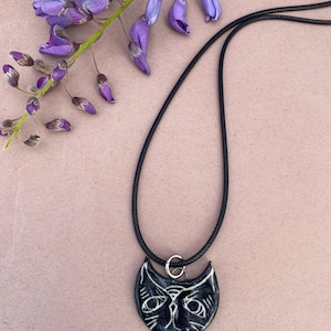 Handmade Black Cat Face pendant necklace  Ceramic Cat Jewelry Whimsical  feline, black cat gift for cat lover, cat mom mother’s day gift