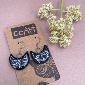 Handmade Black Cat Face Earrings Ceramic Cat Jewelry Whimsical  feline, black cat gift for cat lover, crazy cat lady, dangle earrings, ook
