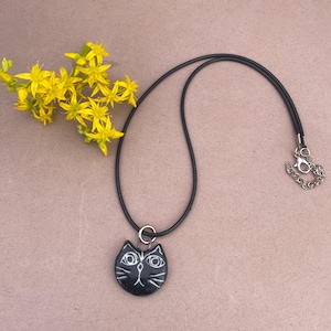 Handmade Black Cat Face pendant necklace  Ceramic Cat Jewelry Whimsical  feline, black cat gift for cat lover, cat mom mother’s day gift
