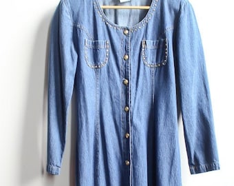 Vintage 90s Blue Denim Button Up Maxi Dress w/ studded details Sz 10