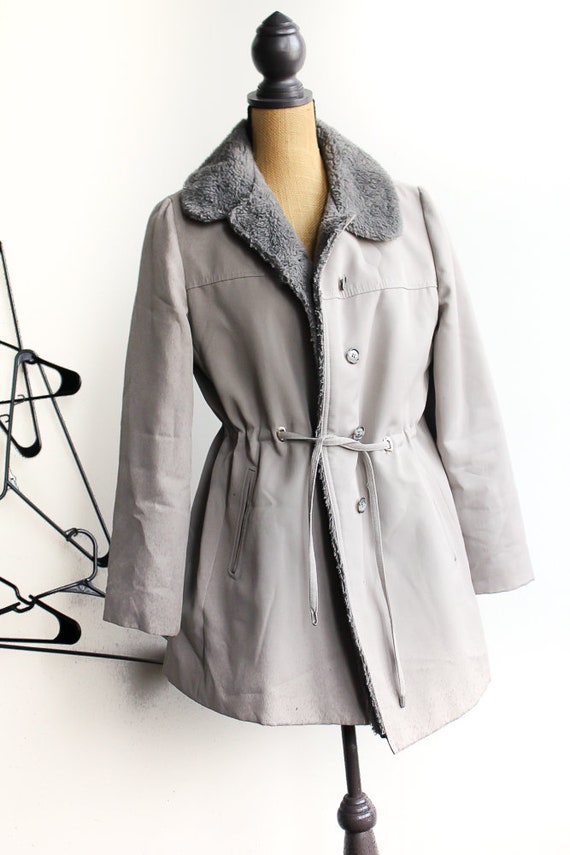 1960s  Gray coat, vintage cinched coat, fluffy ve… - image 1