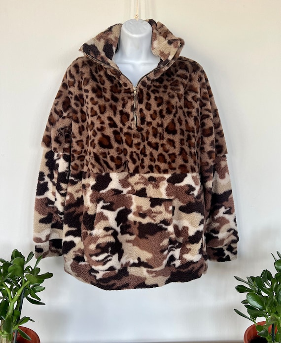 Vintage Jacket Animal Camouflage Print Sherpa Flee