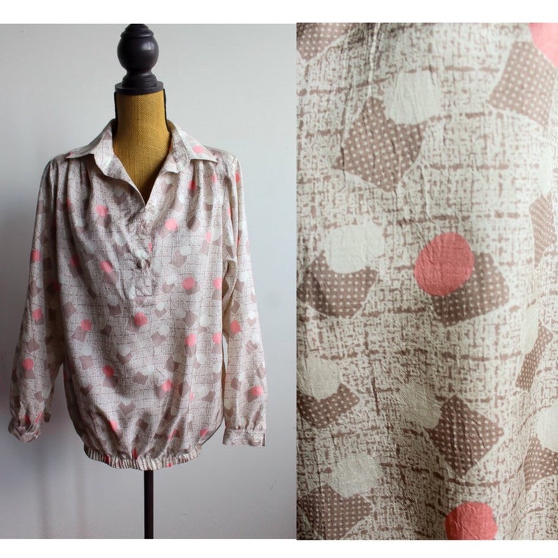 Geometric Pastel Blouse 90s Boho Pullover Top Shirt Bohemian 1990s Vintage Boho Hippie Long Sleeve Extra Large