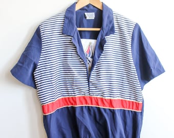 Vintage 90s Nautical Blue w/ Stripes Print Top sz L