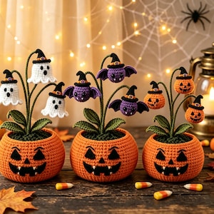 Crochet Halloween Planter, Ghost Bat Witch Hat Jack O Lantern Pot, Spooky Boo Desk Ornament, Handmade Gothic Fall Table Decor Halloween Gift