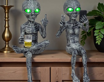 Alien Invasion Party Aliens Selfie Female and Beer Drinking Male Ledge Lounger 12 nch H Funny Home or Garden Alien Statue Set Christmas Gift