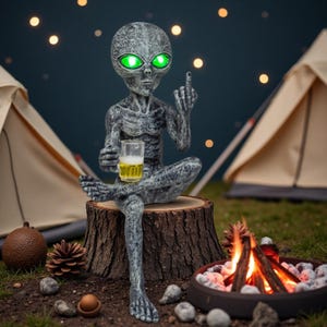 Könnte beinhalten: Graue Alien-Statue mit leuchtend grünen Augen, die auf einem Baumstumpf sitzt, ein Bierglas hält und den Mittelfinger zeigt. Die Szene zeigt einen Campingplatz mit Lagerfeuer und Zelten im Hintergrund.