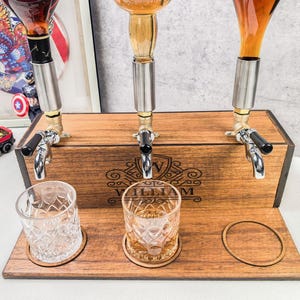 Custom Engraved Wooden Liquor Triple Dispenser stand, Housewarming Gift, Dispenser with Whiskey Glasses, Gift for Couples, Bourbon Decanter