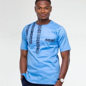 Sky Blue African Print Mens Shirt, Blue Ankara Men&#39;s Short Sleeve Shirt, Easy Wear Ethnic Clothing, Motherland Outfits