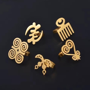 Gold Adinkra Symbol Adjustable Ring, Gye Nyame Jewelry, Duafe Ring, Adinkra Codes bands, Akoma Ring, Akofena African Ring, Dwennimmen Rings