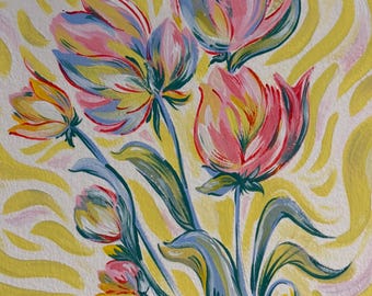 Pintura acrílica original de flores, La primavera canta, 1 de 1, firmada.