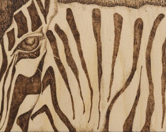 May include: Close-up of a wood-burned zebra pattern. The zebra's eye is visible in the center of the image.