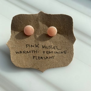 Op de afbeelding: Een paar roze mossel oorknopjes op een bruin label. Het label heeft de tekst "Pink mussel, warmth, feminine, pleasant". De oorbellen zijn klein, rond en zachtroze van kleur.