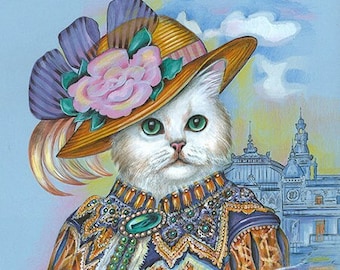 Persian Cat Lady Chinchilla Art Print White Cat Painting Monte Carlo Monaco