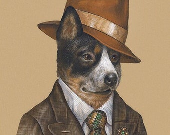 Blue Heeler Art Print Australian Cattle Dog Gift for Gentlemen Dapper Dog Painting