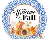 Mini Welcome Fall Blue and Orange Pumpkin Metal Wreath Sign - 8 quot Circle Shaped Fall Wreath Attachment