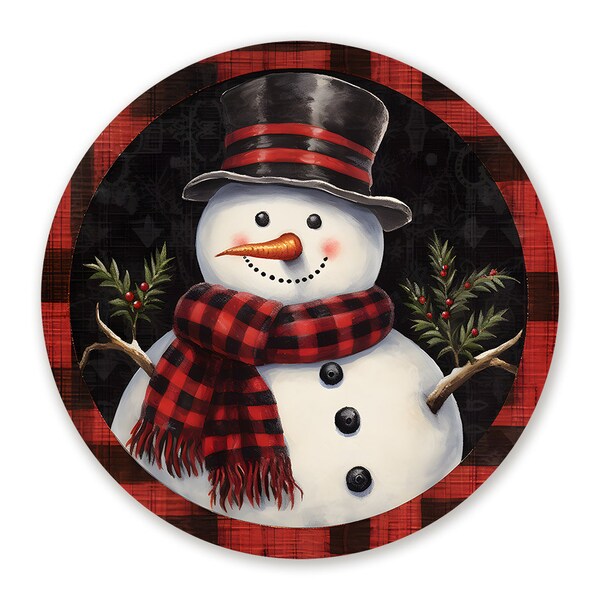 Red and Black Plaid Snowman Wreath Sign, Christmas Snowman Wreath Attachment, Signs for Christmas Wreaths, Buffalo Plaid Winter Decor