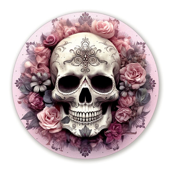 Sugar Skull Wreath Sign, Pink and Gray Floral Skull Wreath Attachment, Signs for Halloween Wreaths, Día de Muertos Decoration