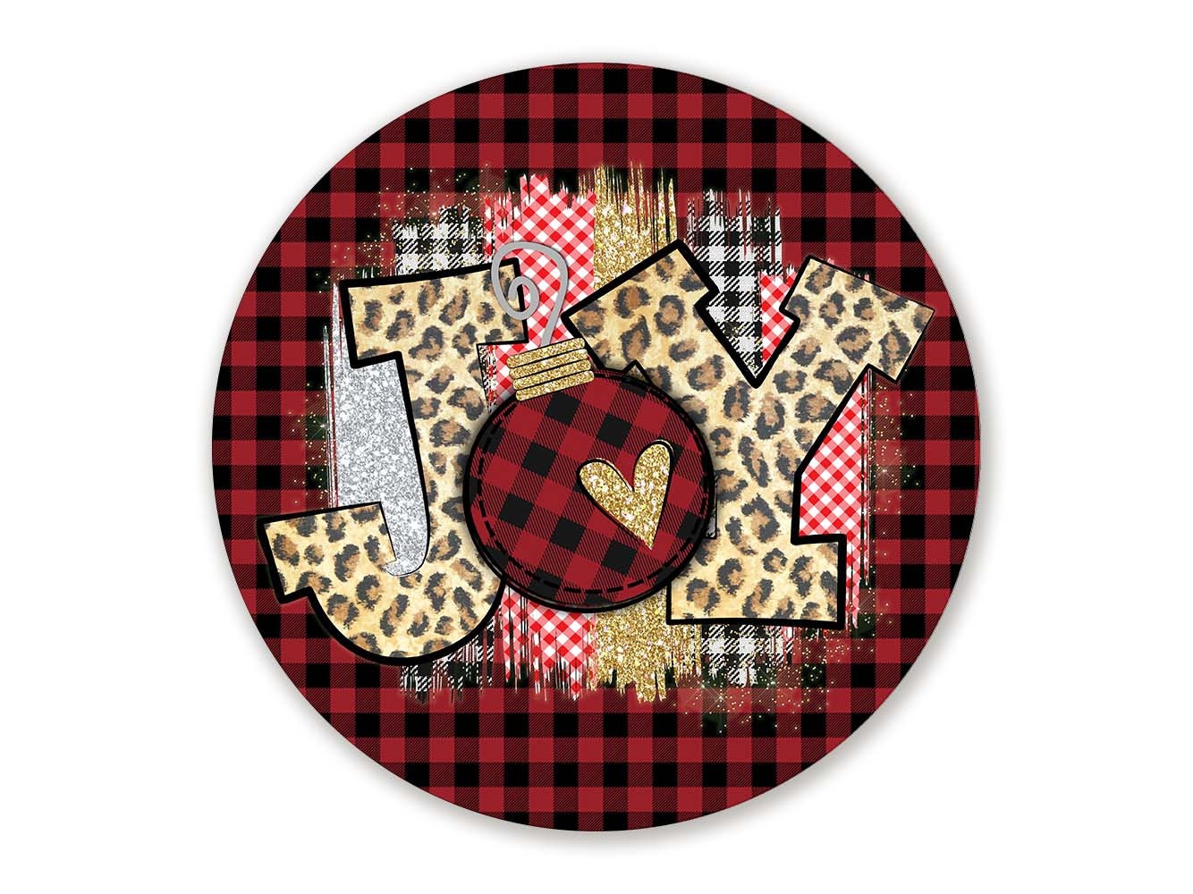 Joy Christmas Ornament Wreath Sign - Red and Black Plaid with Leopard…