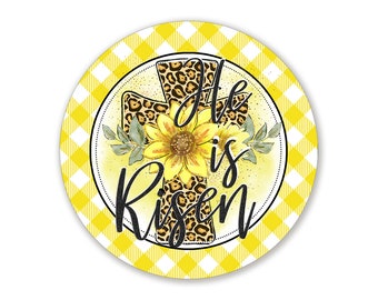 He Is Risen Leopard and Yellow Gingham Easter Wreath Sign  - Choose Your Size Round Spring Wreath Attachment