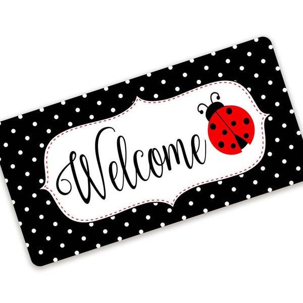 Black and White Polka Dot Ladybug Welcome Sign - Spring Ladybug Decoration - Metal Sign for Wreaths