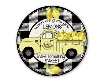 Black and White Buffalo Plaid Lemon Market Metal Sign For Wreaths - Choose Your Size Round Lemon Truck Wreath Sign