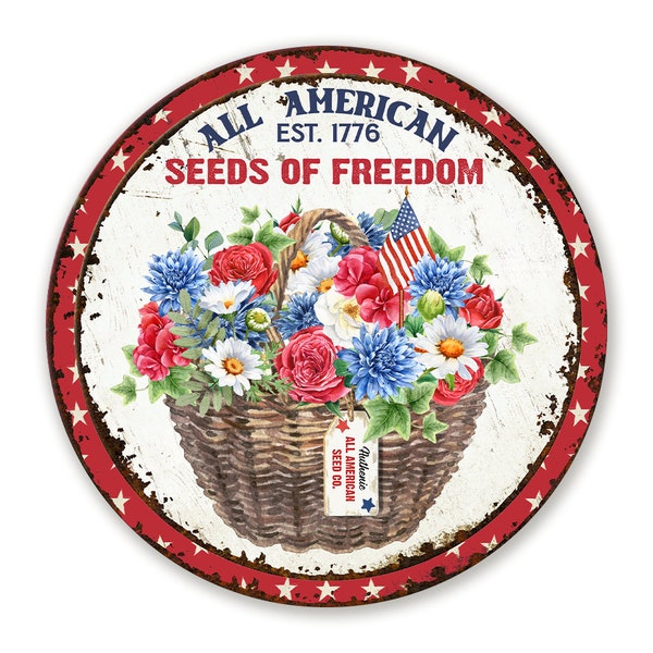 Red White and Blue Flower Basket Wreath Sign - All American Seeds of Freedom Metal Wreath Attachment